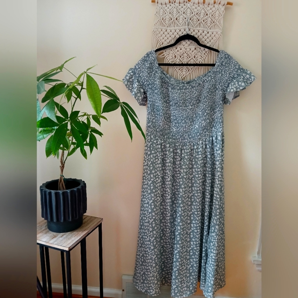 Sage off the shoulder dress.